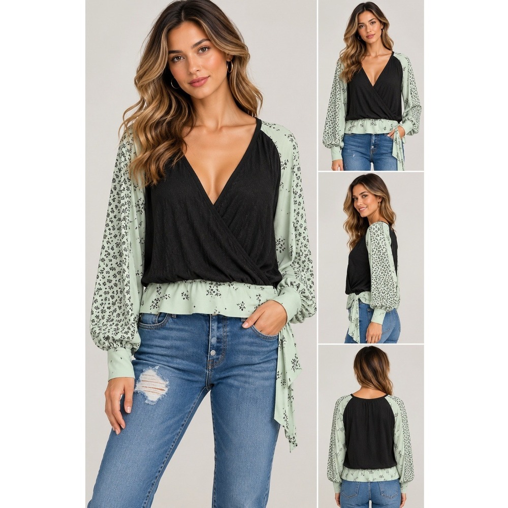 Free People Wrap Top Womens S Black Mint Floral Thermal Knit Long Sleeve Boho